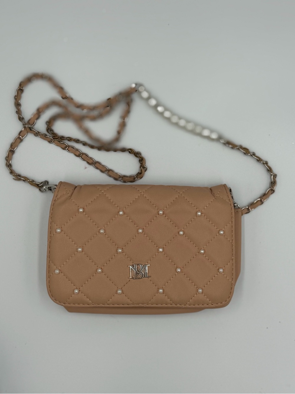 Preloved Badgley Mischka Quilted Pearl-Accented Crossbody in Beige
